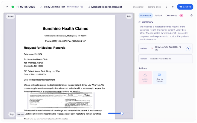 Practice Inbox document view showing processing efficiency